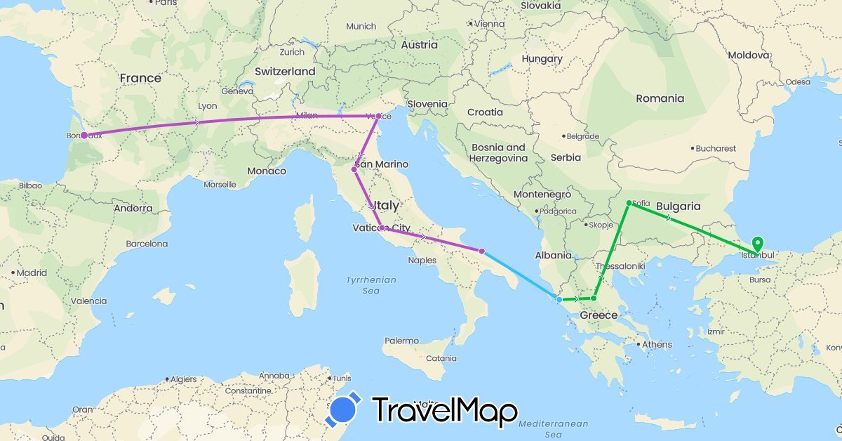 TravelMap itinerary: driving, bus, train, boat in Bulgaria, France, Greece, Italy, Turkey (Asia, Europe)